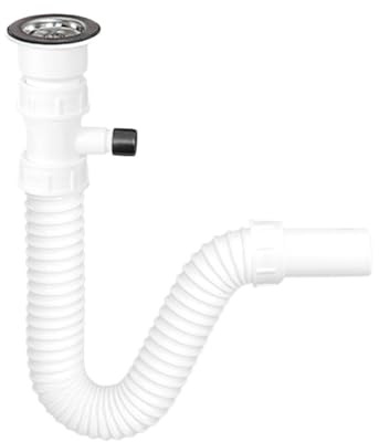 TEHNOEXPORT Flexibler Spülen Siphon + 32/40/50mm Wandadapter I Abflussrohr I Geruchverschluss für Waschbecken I Küchenspüle I (Flexibler Spülsiphon mit Gerät Anschluss - Einteilig) S00064