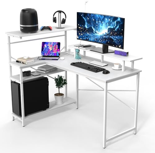 HAMHAIGO Bureau d'Angle Gaming avec Port USB et Prise de Courant, Support d'Écran, Table d'Ordinateur avec Étagère, Informatique (130x55x75cm)