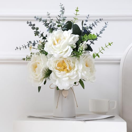 Arreglos florales artificiales de peonía en jarrón de cerámica, flores de dalia sintética de 16 pulgadas con tallos de eucalipto y hojas decorativas, jarrón con cuerda de yute y dije de corazón