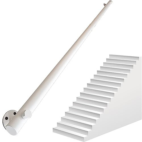 Corrimano in legno bianco con staffe in metallo, 380 cm, rotondi, antiscivolo, da parete, corrimano per scale