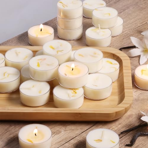 Vanilla Scented Tealight Candles, 16 Pack- Extended 4-5h Clear Cup Scented Tea Lights with Handmade Floral Surface, 100% Natural Palm Wax Tealights Smokeless for Home Cozy Night, Holidays
