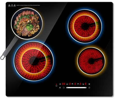 Argyolas 6700W 4 Fireplace Ceramic Hob - 230V Black Glass Electric Hob with Timer, 9 Heat Levels, Child Safety - Compatible with All Utensils