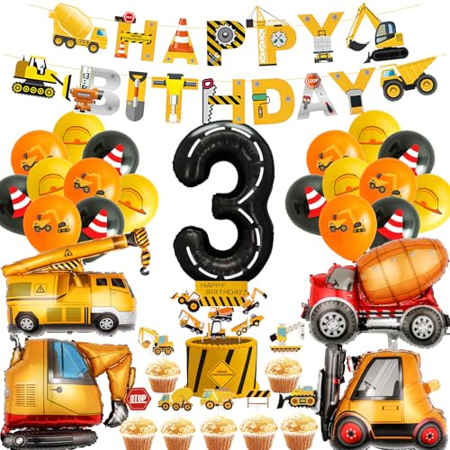 Bagger Geburtstag Deko 3 Jahre - 32 Pcs Baustellen Happy Birthday Banner Kran Betonmischer Folienballons FüR Dekoration Zum Kindergeburtstag Baustelle Geburtstags Babyparty Dekor