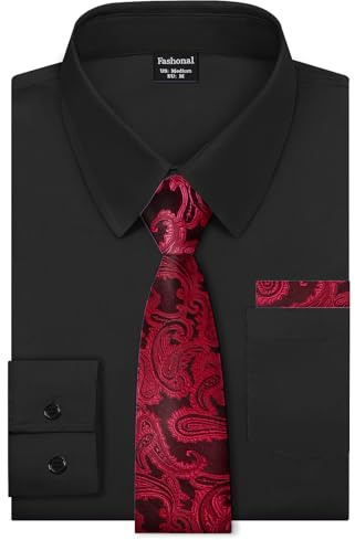 Fashonal Mens Valentines Shirt, Mens Dress Shirt and Tie Set Black Shirts for Men Button Down Long Sleeve, Black Size L