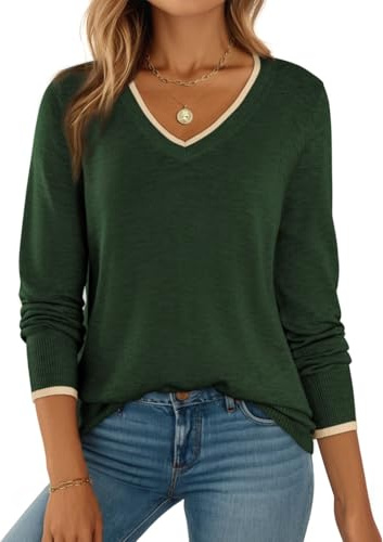 Dokotoo Winter Sweaters for Women 2025 Casual Long Sleeve Pullover Jumpers Cute V Neck Ribbed Knitted Top Lightweight Ugly Christmas Sweater Green XX-Large