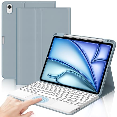 IVEOPPE Clavier iPad Air 11 Pouces (M3 2025/M2 2024) avec Pavé Tactile, Étui Coque Clavier Trackpad AZERTY Français Bluetooth Détachable sans Fil Bluetooth pour iPad Air 11, Bleu Gris