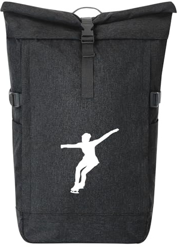 Huuraa Kurierrucksack Eiskunstlauf Silhouette Geschenk | 30-44 Liter Backpack Black Melange Fairtrade Rolltop Rucksack Geschenkidee Schwarzer Laptop-Rucksack passend für 17-Zoll