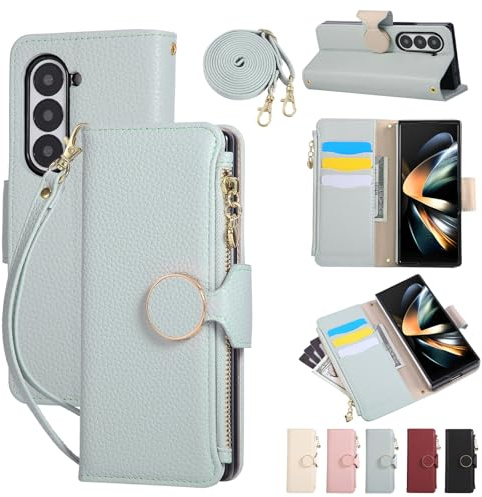 Zipper Cover for Samsung Galaxy Z Fold 7 Case with Crossbody Strap/Wrist Strap Shockproof Litchi Texture Soft Leather Flip Magnetic Buckle Wallet Zip Purse for Galaxy Z Fold7 2025 Dusty Blue