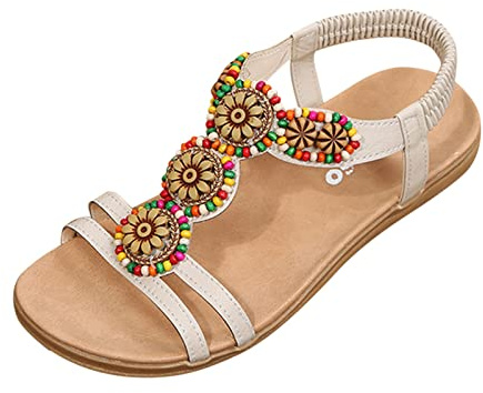 Dam sommar halkfri enfärgad platt strand öppen tå andningsbara sandaler skor toffel sandaler kvinnor utomhus, BEIgE, 37.5 EU