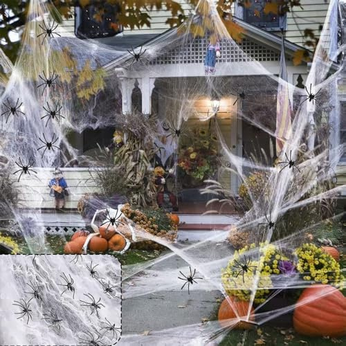 X-YSUNEAS 200 G Alastisches Spinnennetz und 30 Künstliche Spinnen, Halloween Dekorationsset, Weißes Spinnennetz und Schwarze Spinne für Innen- und Außendekorationen, Garten, Fenster Usw.