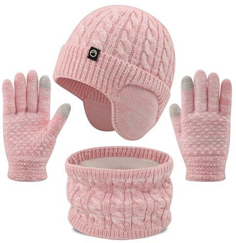 Cheerful Mario 4-10 Año Set de Gorro Bufanda y Guantes para Niña Invierno Beanie Lana con Orejeras Braga de Cuello Forro Polar Guantes Pantalla Táctil Rosa