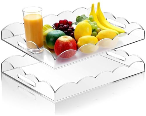 Lot de 2 plateaux de service en acrylique transparent avec bord festonné, 40,6 x 30,5 x 5,1 cm