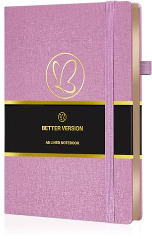 Bättre version fodrad anteckningsboksjournal – A5 linne inbunden, 120 gsm tjockt papper, guldkantade sidor, dubbla bokmärken för män och kvinnor – anteckningsblock för arbete, skola och gåva – rosa