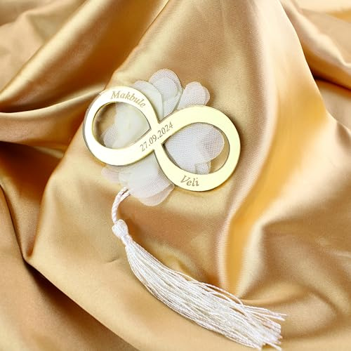 Edle personalisierte Magnete für Hochzeit – Gravierte Acrylglas Gastgeschenke im Unendlichkeit Design mit Blume & Quaste – 10er Set