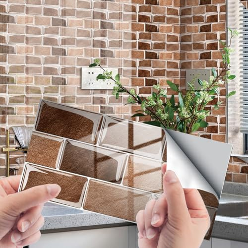Fliesenaufkleber Braun Mosaik Selbstklebende Fliesen-Folie für Bad & Küche, entfernbare Klebe-Folie für Wandfliesen Küchenrückwand & Bordüren 48 Stück(10x20cm)