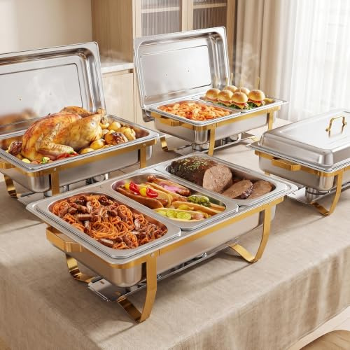 18/8(304) Edelstahl Chafing Dish Buffet Set 4-teilig, 9L Speisenwärmer mit Deckel, Stapelbar Warmhaltebehälter Essen, Wärmebehälter für Speisen,Buffet,Catering(inkl. 2x1, 2x1/2, 3x1/3 GN-Behälter)