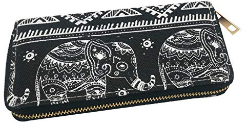 EQLEF Elephant Wallet, Bohemian Purse Clutch Wallets Canvas Coin Purse with Zipper Large Elephant Purse Multi-Compartment Wallet for Cash Coins Card Cellphone (20 * 10 * 3cm)