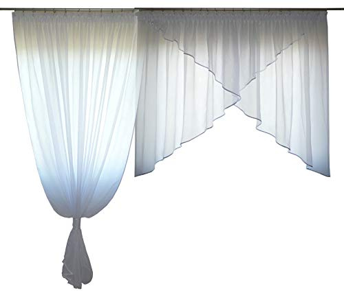 FKL DESIGN Home Deco Schöne Fertiggardine Fenstergardine aus Voile Gardine Balkongardine Set Smokband Schräge Fenster Weiß 250-280 cm AG38-A (Besatz Weiß)