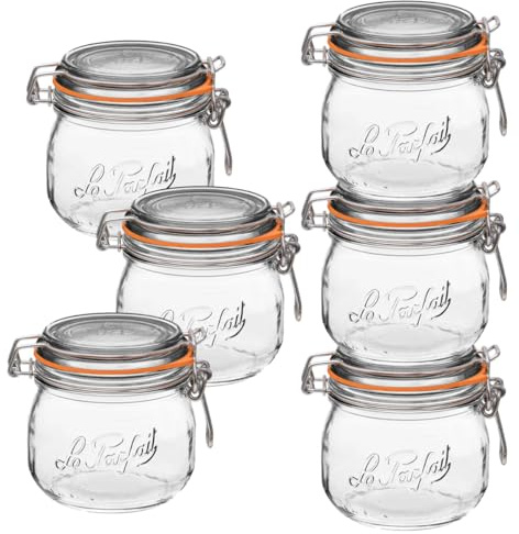 Le Parfait Super Jar 500mL (16oz) French Glass Preserving Jar w/Airtight Rubber Seal & Wire Bail Closure - BPA-Free Canning Jar for Pickles, Fruit, Sauce & Food Storage - Made in France Since 1930 6PK