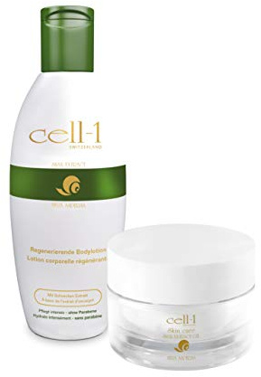 cell-1 Original Schneckenextrakt SET 1x Gel 50 ml 1x Bodylotion 200 ml | Premium Hautpflege für jeden Hauttyp, bei Falten, Pickel, Flecken, Narben und Altersflecken Dehnungsstreifen