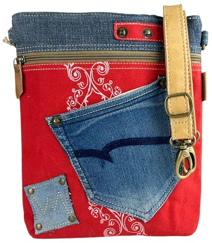 Sunsa Damen Umhängetasche. Nachhaltige Tasche aus Jeans Canvas & Leder | Rot/ blau Crossbody Bag. Mittelgroß Schultertasche mit lässigem Upcycling-Look als Begleiter für Freizeit & Reise