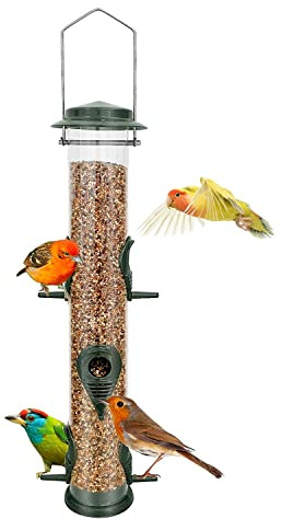 Pajarera de metal con tubo para colgar, comedero para pájaros silvestres, 6 puertos, de metal con gancho de acero resistente a la intemperie e impermeable, ideal para atraer el verde de las aves