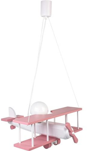 HELLUX Kinderzimmer Lampe Decke aus Holz | Deckenleuchten für Kinder | Kinderlampe Decke 75x42x45cm für Babyzimmer | Flugzeug Lampe E27 ohne Leuchtmittel (Rosa/Weiß)