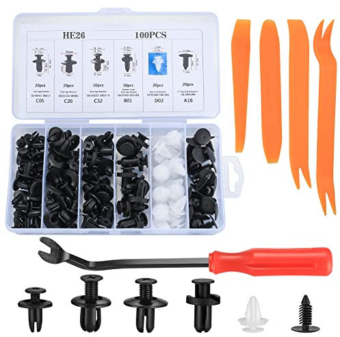Ewwtrey 100 pezzi Rivetti in Plastica per Auto, Clip di Viti di Plastica Assetto Auto Kit per Carrozzeria Interni Auto Pannello Paraurti Porta, con Strumenti Rimozione Fissaggio