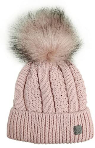 Ever Bloom Damen Bommelmütze mit Großem Kunstfell Bommel Abnehmbar, Warme Strickmütze Fellbommel Mütze, made in EU, Slouch Beanie für Frauen Mädchen, Mütze Farben:Rosa