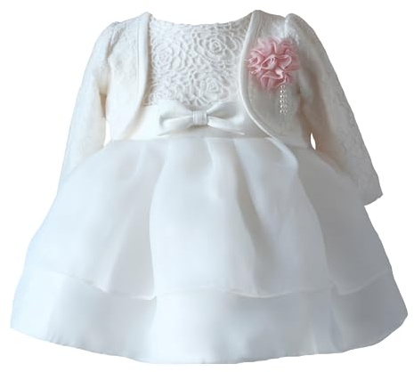 LOLIWE Dopklänning dopbolero baby flicka klänning blomsterflicka klänning festlig klänning babykläder, Vit, 92 cm