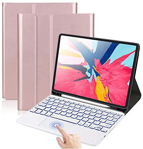 QYiiD Funda Teclado con Touchpad para iPad Mini 5 2019(5th Gen)/ iPad Mini 4 2015, Touchpad Inglés QWERTY Teclado Inalámbrico Retroiluminada Folio Case con Portalápices para Mini 5 / Mini 4, Oro Rosa