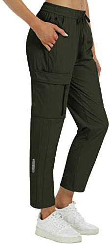 MoFiz Outdoorhose Damen Jogginghose Leichte Wanderhose Workout Trekkinghose Wasserdicht Winddicht Casual Verkürzte Cargohose Grün L