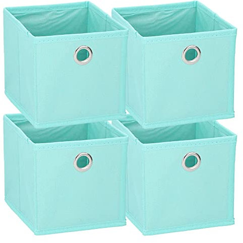 Murago - 4er Set Faltbox ca. 15x15x15 cm Türkis - Würfel Aufbewahrungsbox faltbar Einschub Korb Blau Mint Schubladen Unterwäsche Organzier Boxen Stoff Regalkorb Klappbox klein