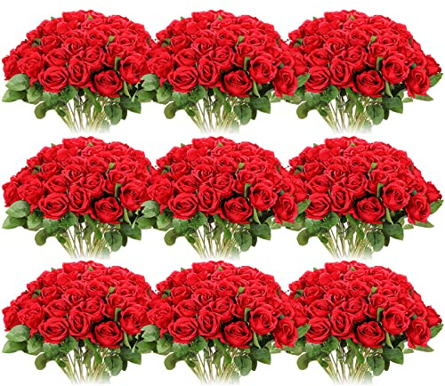Jexine 100 Pieces Artificial Roses Flowers Bulk, Long Stem Realistic Fake Silk Roses Bouquet for Table Centerpiece Vases Wedding Party Kitchen Decor(Red)