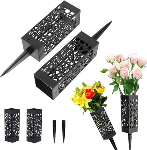 4PCS Grave Flower Holders, Grave Vases with Spike, Memorial Cemetery Floral Holder for Gravestone Grave Outdoor Flower Marker (Black)