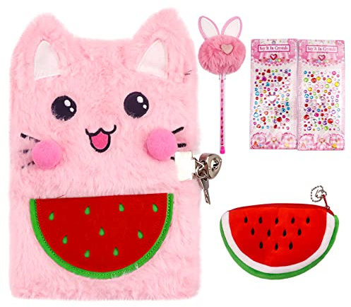 Cute Notepad Cartoon Notebook, Plush Diary with Lock and Keys Journals for Study Notes Fun Writing Drawing Scratch Pads School Kawaii Supplies for Gifts Kids and Teachers 160 Pages (Pink)