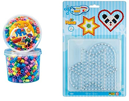 Hama Perlen 8571 Bügelperlen Dose mit ca. 600 bunten Maxi Bastelperlen mit Durchmesser 10 mm im Pastellmix & 8105 Stiftplatten 2er Set für Maxi Bügelperlen mit Durchmesser 10 mm