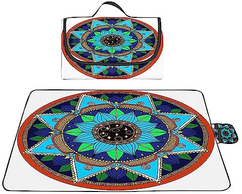 TengYuer Picknickdecke 180x200cm Stranddecke Wasserdicht Sandfrei Isoliert Faltbar Strandmatte mit Tragegriff Outdoor Campingdecke XXL für Camping Parks Strände Picknick Blaues Mandala