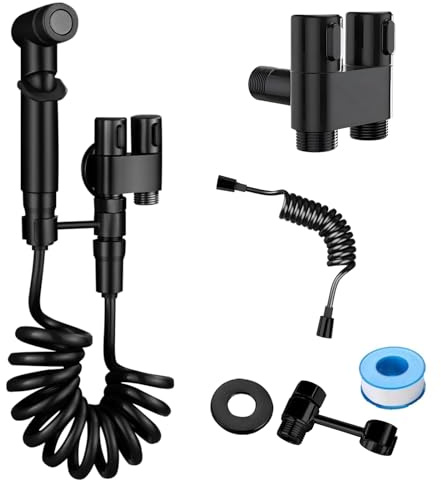 Handheld Bidet Sprayer for Toilet,1-In-2-Out Dual Control Valve,Mini Toilet Faucet Sprayer Kit Butt Washer,Hand Shower Bidet Attachment for Washing Machine and Toilet (Black)
