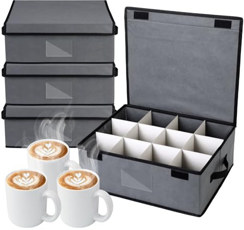 Suzile 4 Pack Cup and Mug Storage Box with Dividers Wine Glass Storage Box with Dividers, Lid and Handle, Holds 48 Coffee Mugs and Tea Cups for Glassware Protection Moving