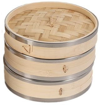 Soulnioi Vaporizador de bambú de 21 cm, vaporizador de dos niveles con tapa, ideal para cocinar asiática, bollos, albóndigas, verduras, pescado