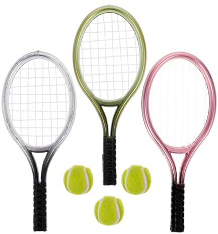 MUCKLILY 3-Sets Miniature Tennis Racket & Mini Tennis Balls Toy for Dollhouse Decor, Photography Props, Cake Decorations, Mini Toys, Dollhouse Accessories