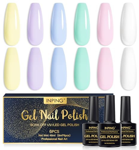 INPING Vernis Semi Permanent, 6 Couleurs Vernis Semi Permanent Pastel, Vert Rose Violet Bleu Macaron Vernis à Ongles, Gel UV Semi Permanent Soak-off UV/LED Semi-permanent Manucure Kit, 8ml