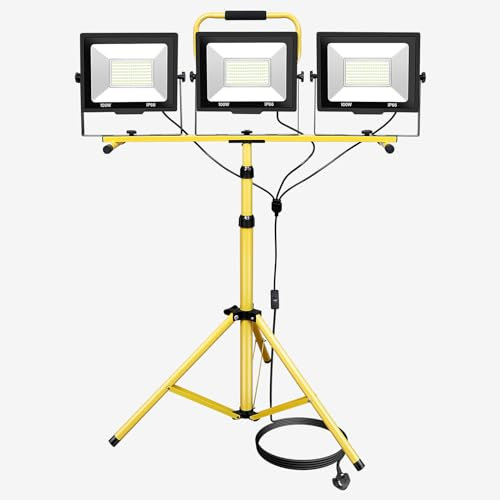 PICAA Faretto LED da costruzione con treppiede, 3 x 100 W (300 W), bianco freddo, faro da lavoro, impermeabile, IP66, per garage, giardino, cantieri
