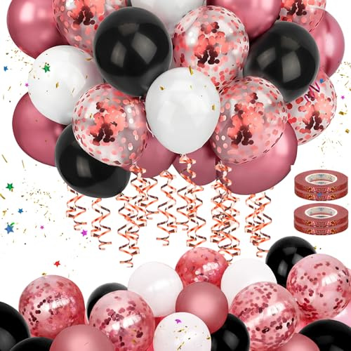 Mbsomnus 60 Stück Luftballons Geburtstag Rot Ballons Hochzeit 30cm Metallic Rot Ballons Konfetti mit Luftschlangen Schwarz Weiße Helium Latex Ballons für Graduierung Party Kinder Geburtstagdeko