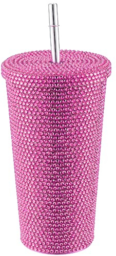 Vaso de 17 Onzas con Tachuelas de Diamantes Brillantes, Botella de Agua con Purpurina Y Tapa, Botella de Agua con Diamantes de Imitación, Vaso Térmico Al Vacío de Acero Inoxidable, Regalo(Rosa)