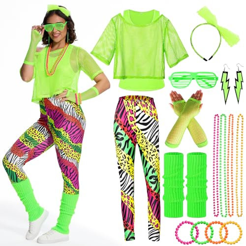 Ulikey 80er 90er Jahre Outfit Damen, Kostüm Mit Bunten Leggings, Aerobic Zubehör Set - Gläser, Halskette (Grüne Farbe, XL)