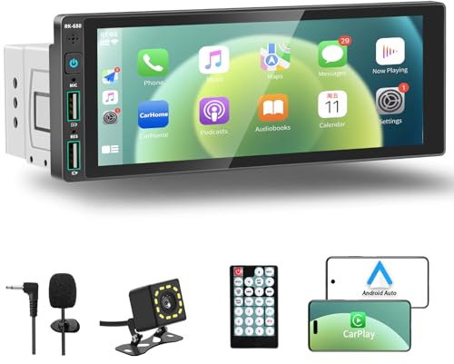 REAKOSOUND 6.9 Single Din Car Stereo with Apple CarPlay & Android Auto, Single Din Touchscreen Radio, Car Stereo with Bluetooth, Backup Camera, GPS Navigation, Mirror Link, FM/AM, EQ, USB, SWC, MIC