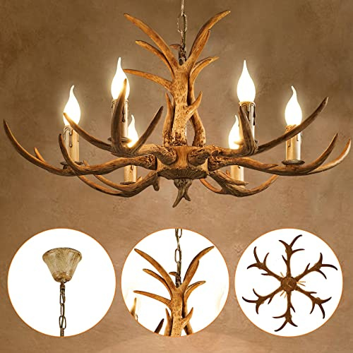 6-Kopf Geweihlampe Retro Lampe Harz Hirschgeweihlampe Kronleuchter Deckenleuchte Geweih Hirschgeweih Pendelleuchte Vintage Beleuchtung Lamp Licht Decken Leuchte Mit GlüHbirne Bar Leuchter AtmosphäRe