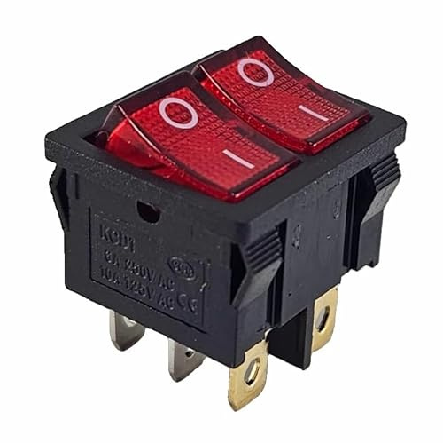 Doppel-Wippschalter schwarz 20x22 mm, Rote Wippe beleuchtet 6 pin 6A 250VAC